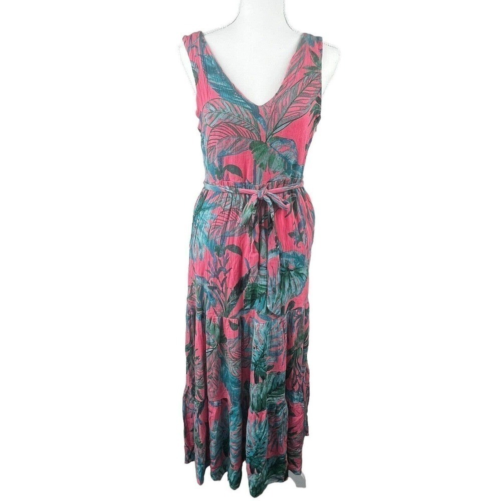 Nicole Miller Pink Tropical Tiered Maxi Dress Sundress Size 6 Sleeveless